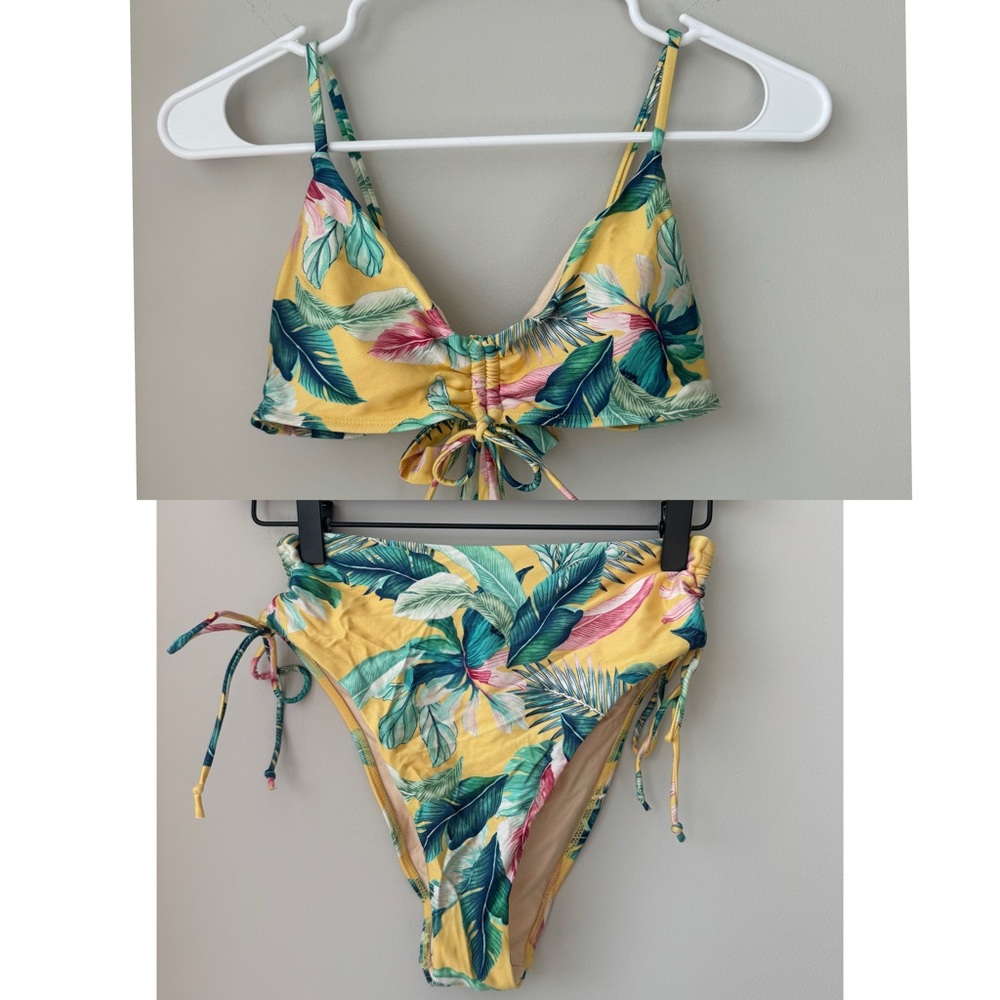 Yellow Tropical Leaf Tie-Front Bikini Set - Small
